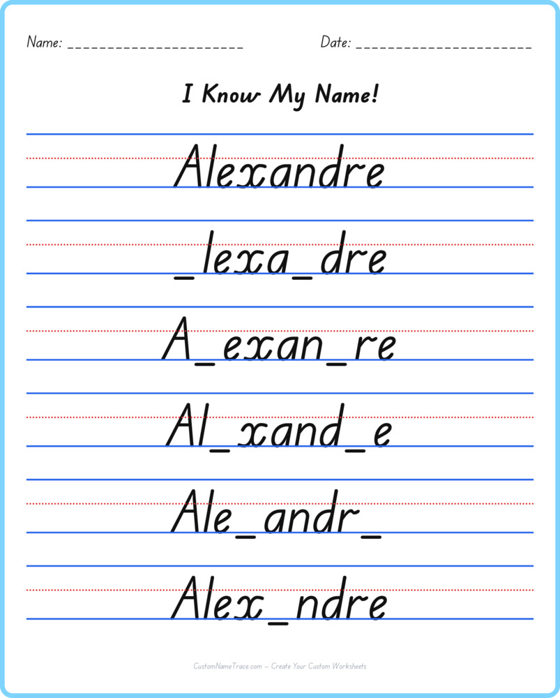 Free Alexandre custom name tracing - fill-in-the-blank free worksheet