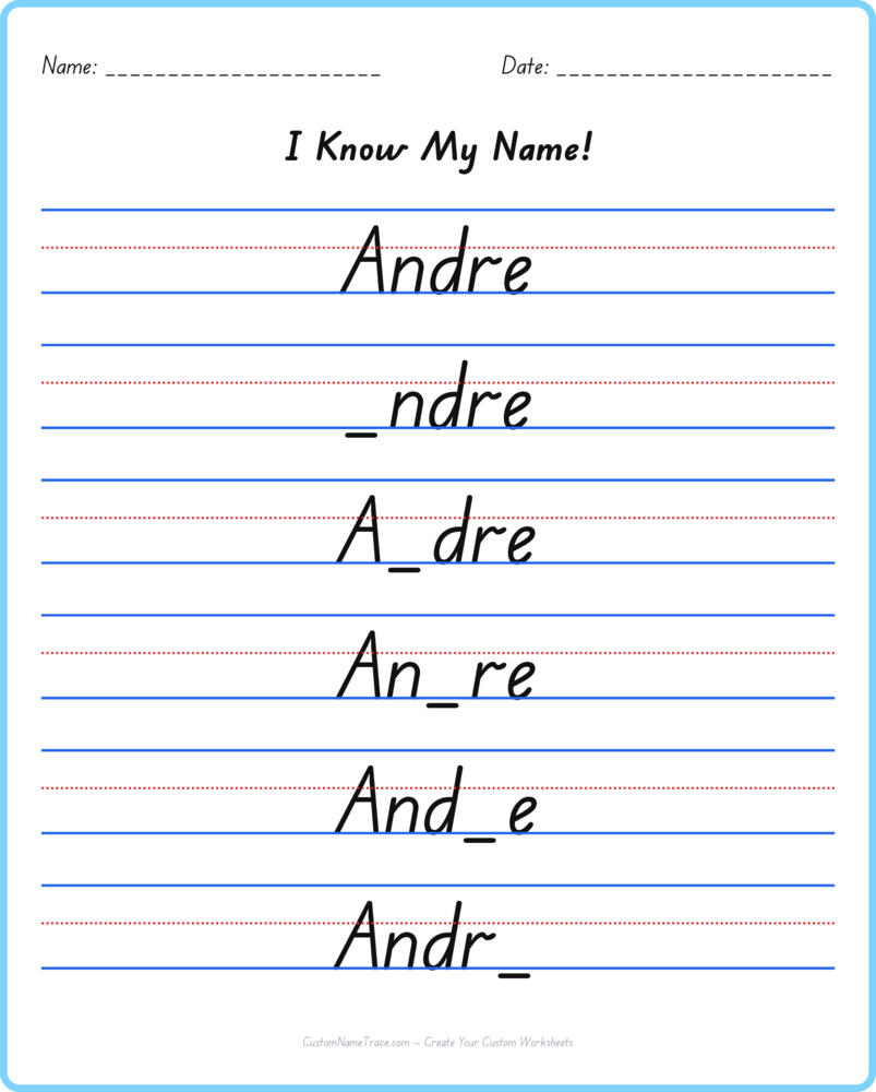 Free Andre custom name tracing - fill-in-the-blank free worksheet