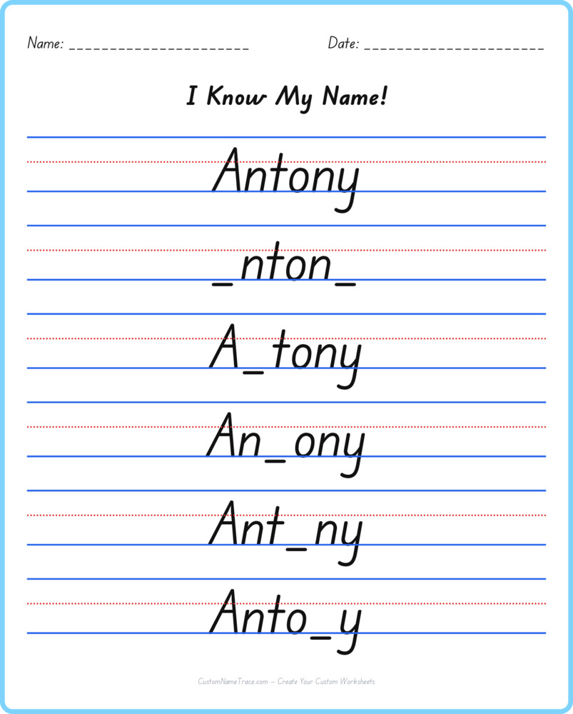 Free Antony custom name tracing - fill-in-the-blank free worksheet
