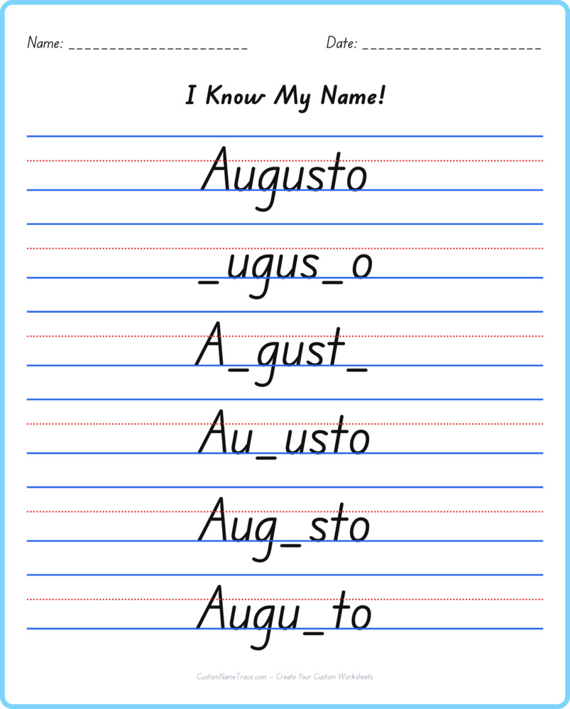 Free Augusto custom name tracing - fill-in-the-blank free worksheet