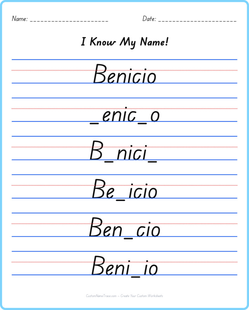 Free Benicio custom name tracing - fill-in-the-blank free worksheet