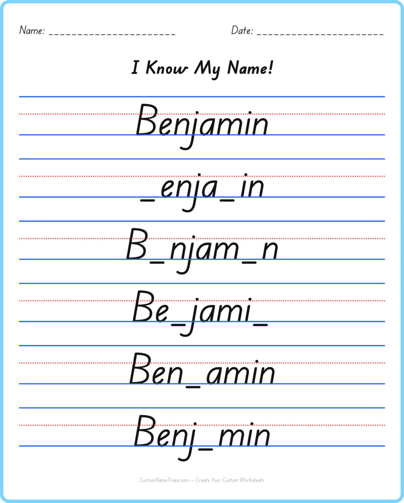 Free Benjamin custom name tracing - fill-in-the-blank free worksheet