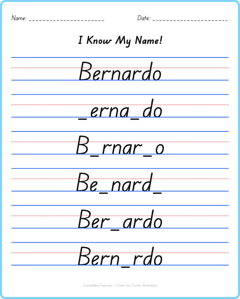 Free Bernardo custom name tracing - fill-in-the-blank free worksheet