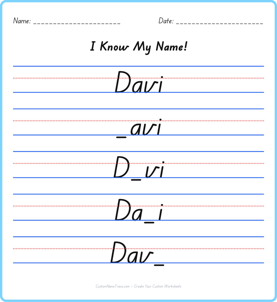 Free Davi custom name tracing - fill-in-the-blank free worksheet