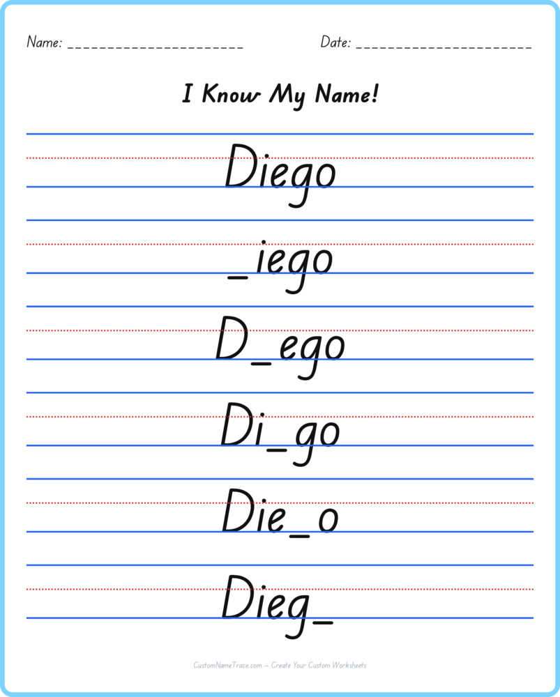 Free Diego custom name tracing - fill-in-the-blank free worksheet