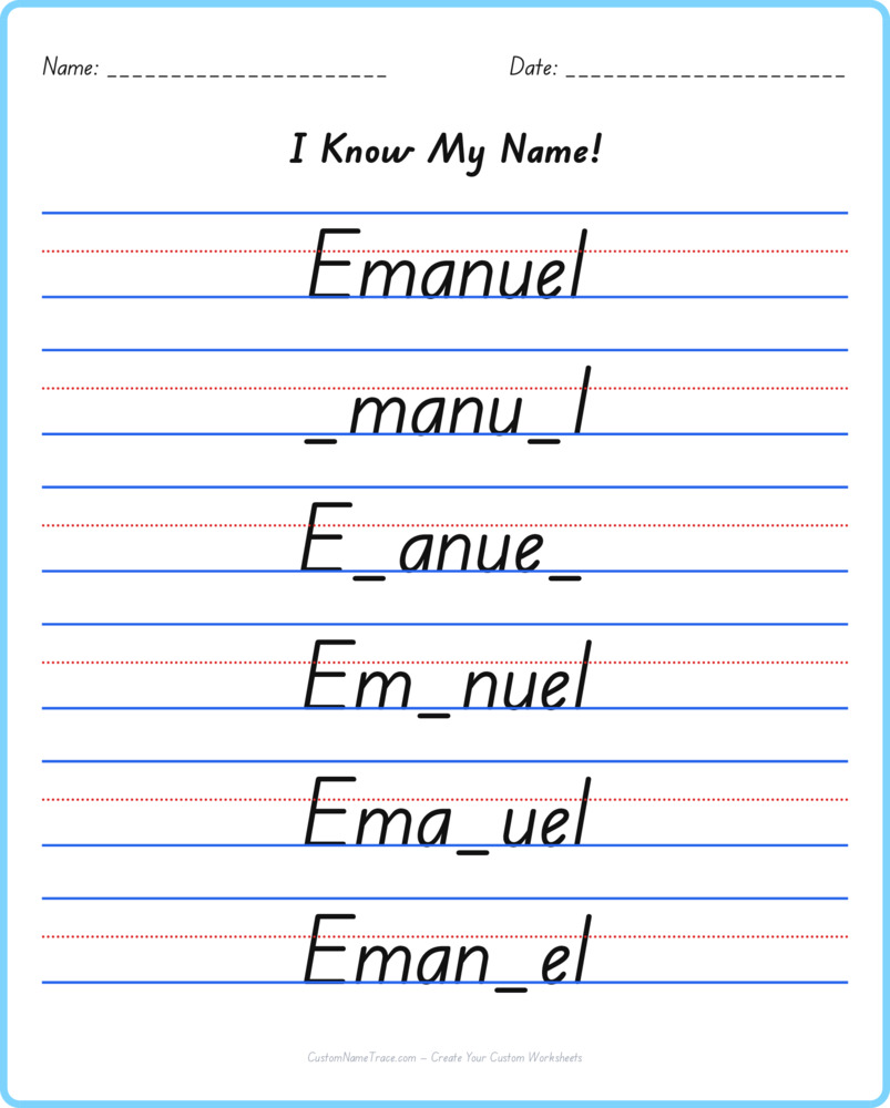 Free Emanuel custom name tracing - fill-in-the-blank free worksheet