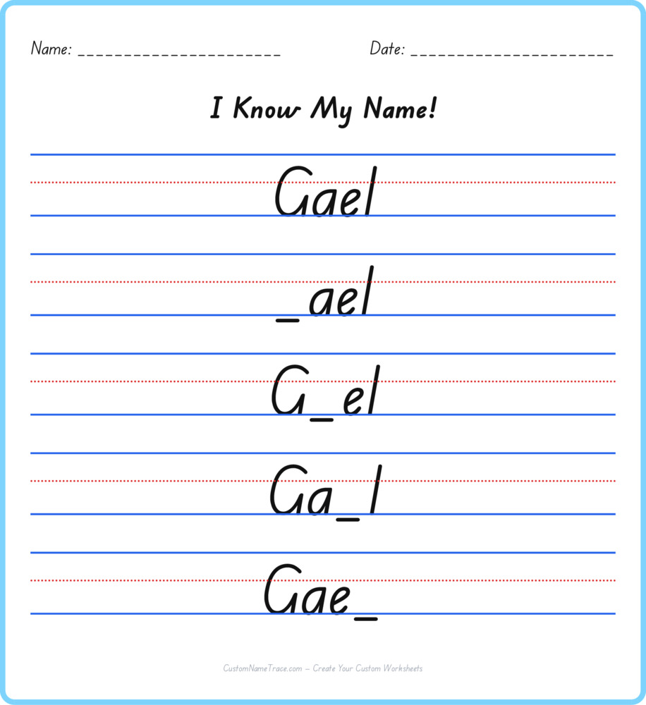 Free Gael custom name tracing - fill-in-the-blank free worksheet