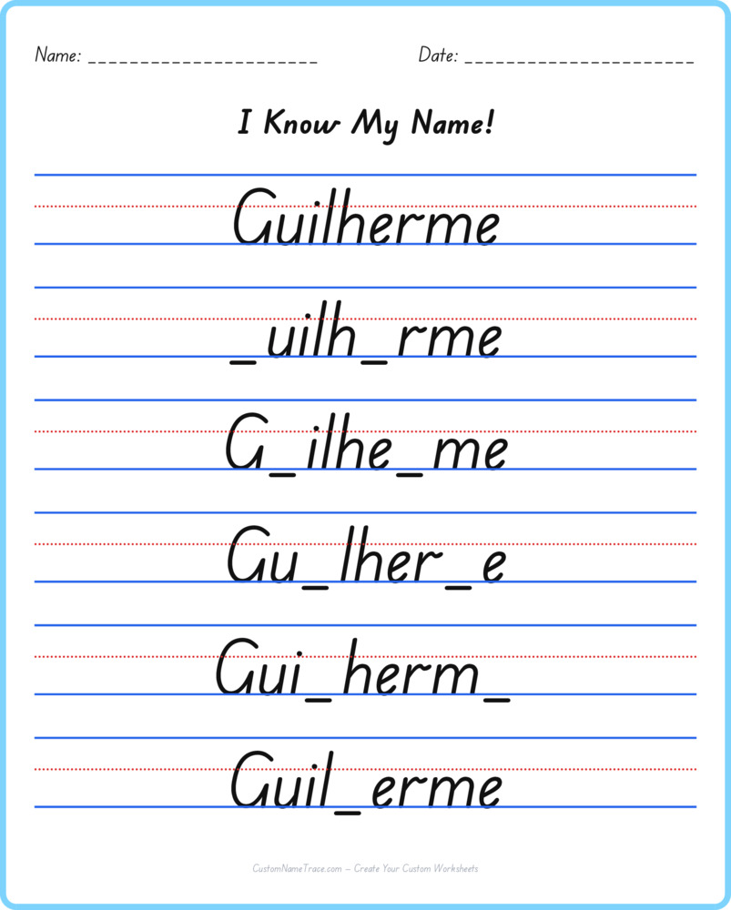 Free Guilherme custom name tracing - fill-in-the-blank free worksheet