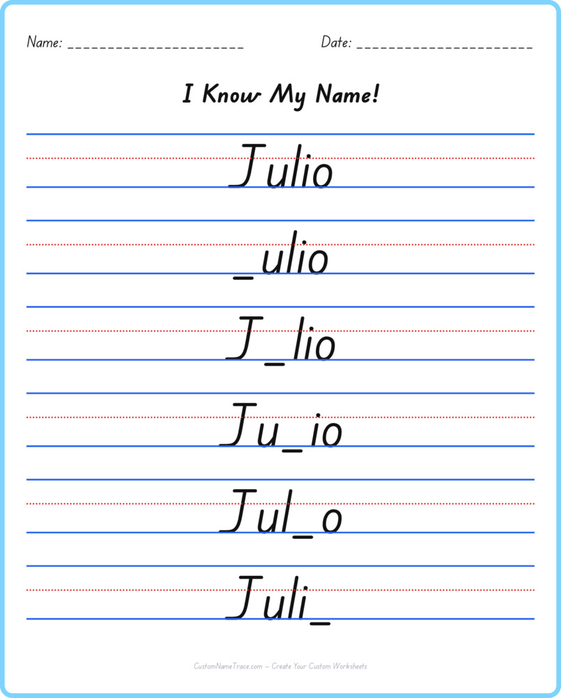 Free Julio custom name tracing - fill-in-the-blank free worksheet