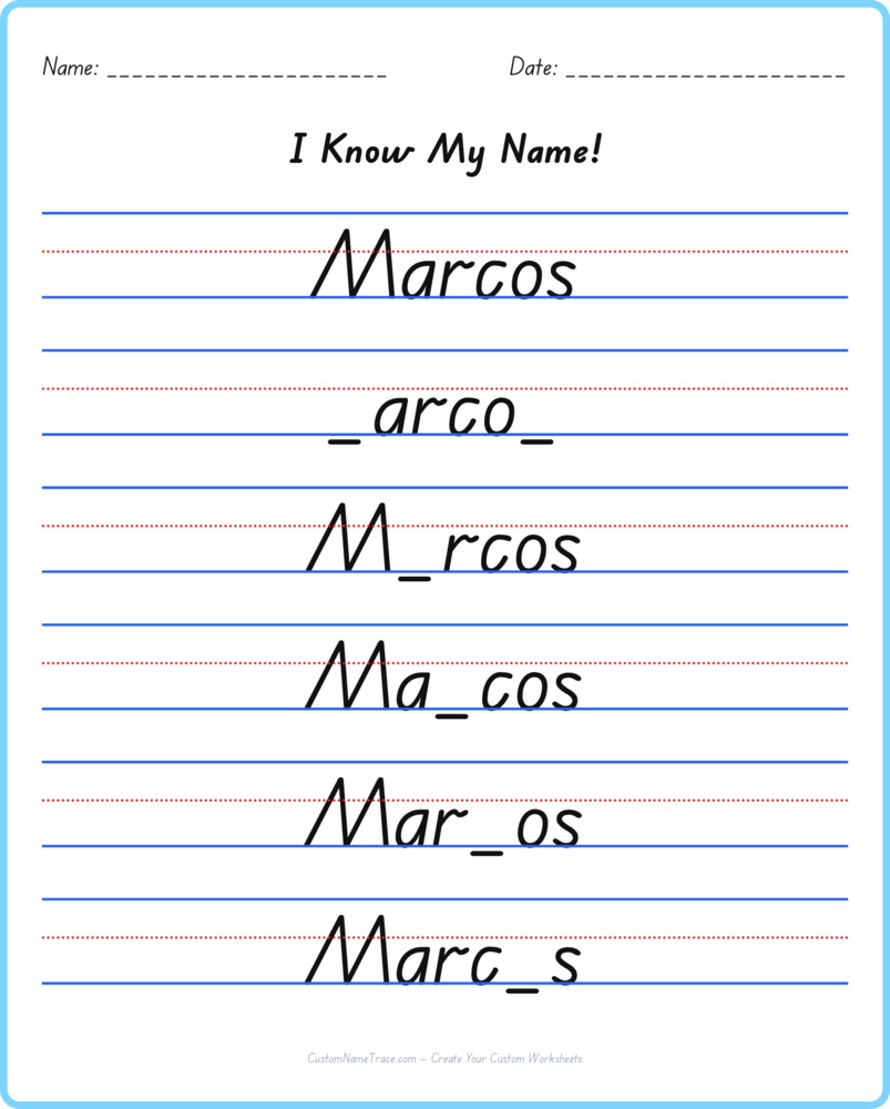 Free Marcos custom name tracing - fill-in-the-blank free worksheet