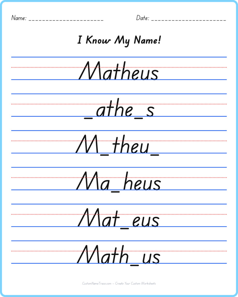 Free Matheus custom name tracing - fill-in-the-blank free worksheet