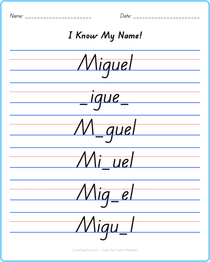 Free Miguel custom name tracing - fill-in-the-blank free worksheet