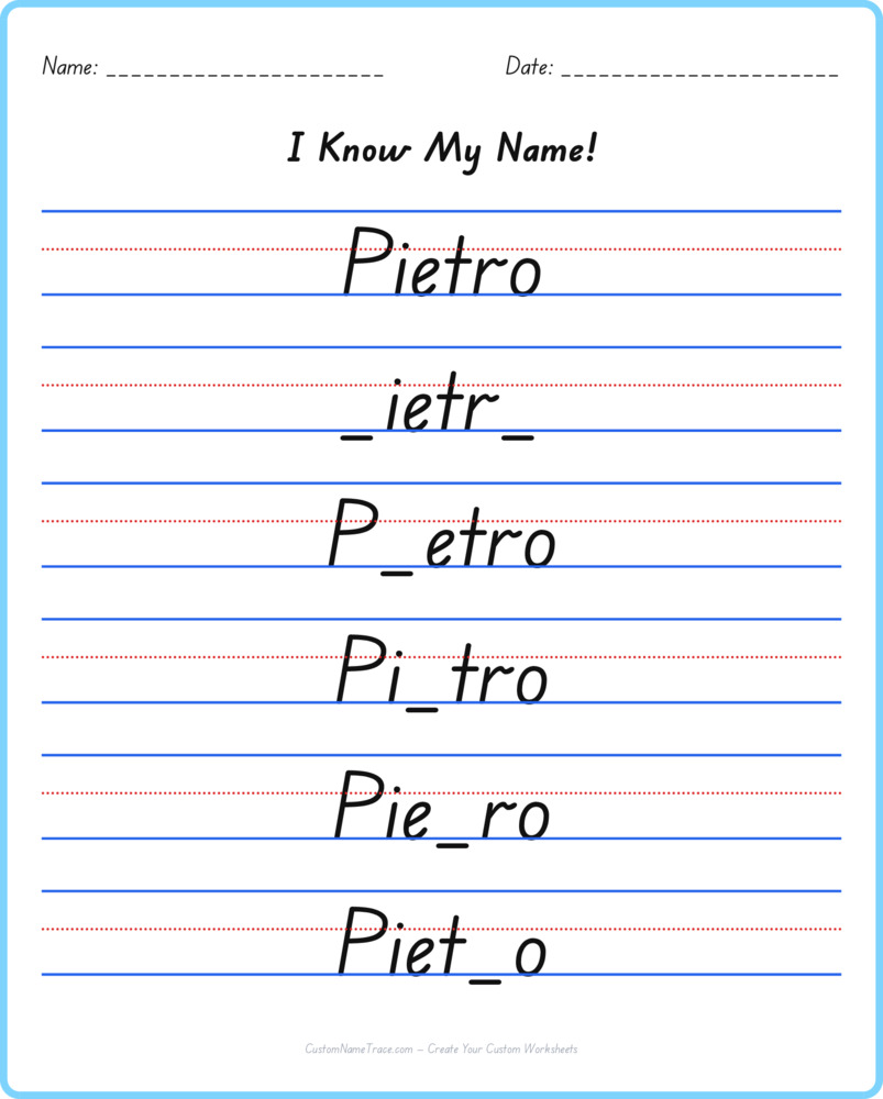 Free Pietro custom name tracing - fill-in-the-blank free worksheet