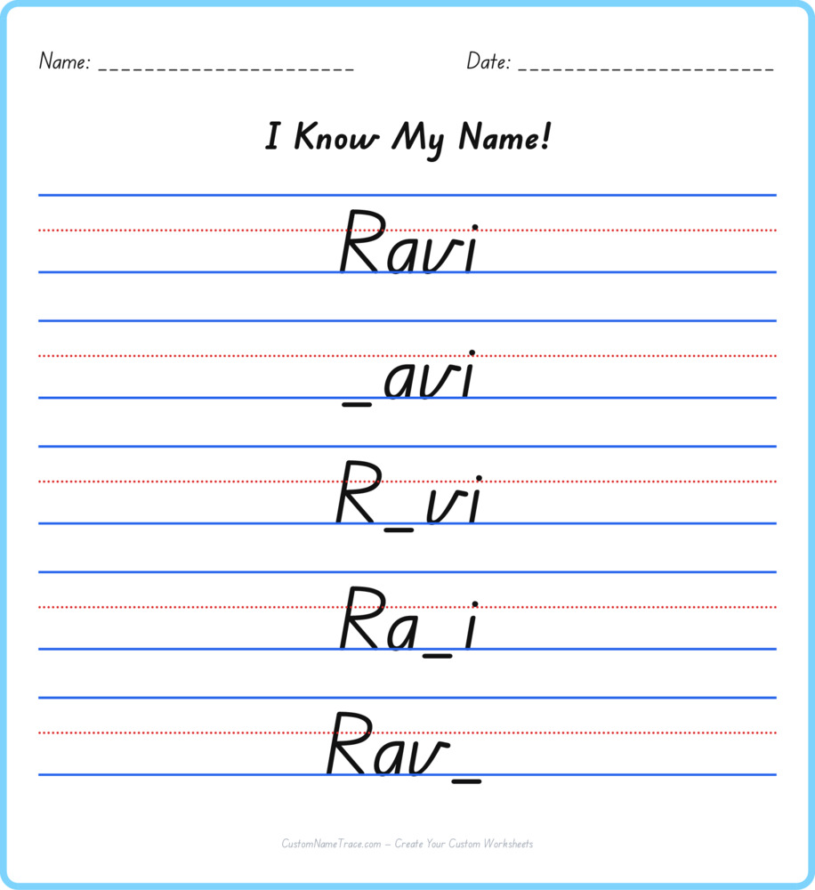 Free Ravi custom name tracing - fill-in-the-blank free worksheet
