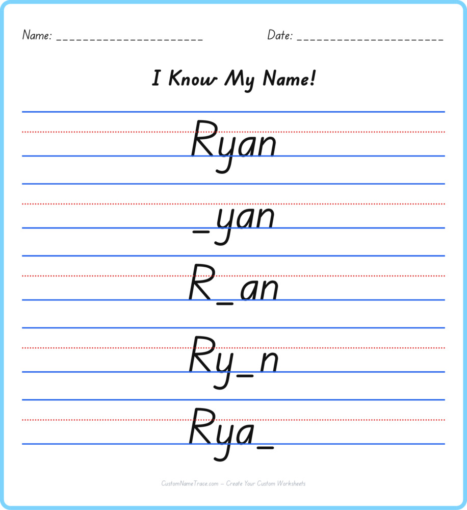 Free Ryan custom name tracing - fill-in-the-blank free worksheet