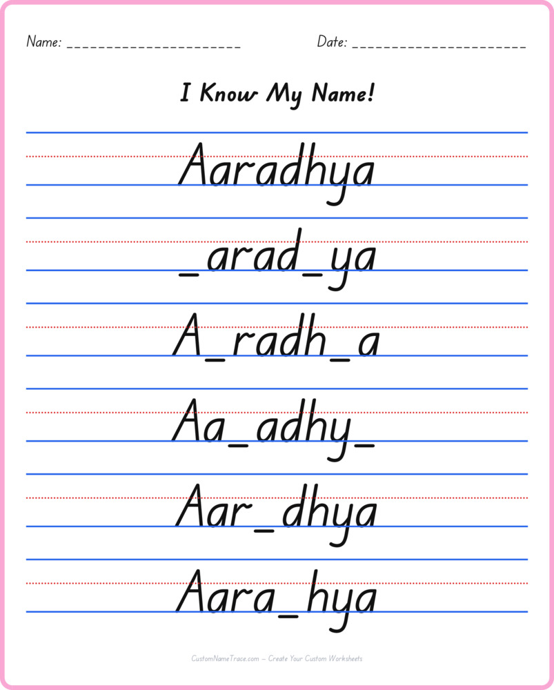 Free Aaradhya custom name tracing - fill-in-the-blank free worksheet
