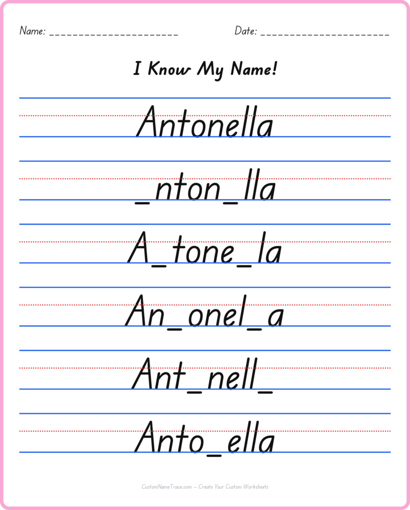 Free Antonella custom name tracing - fill-in-the-blank free worksheet