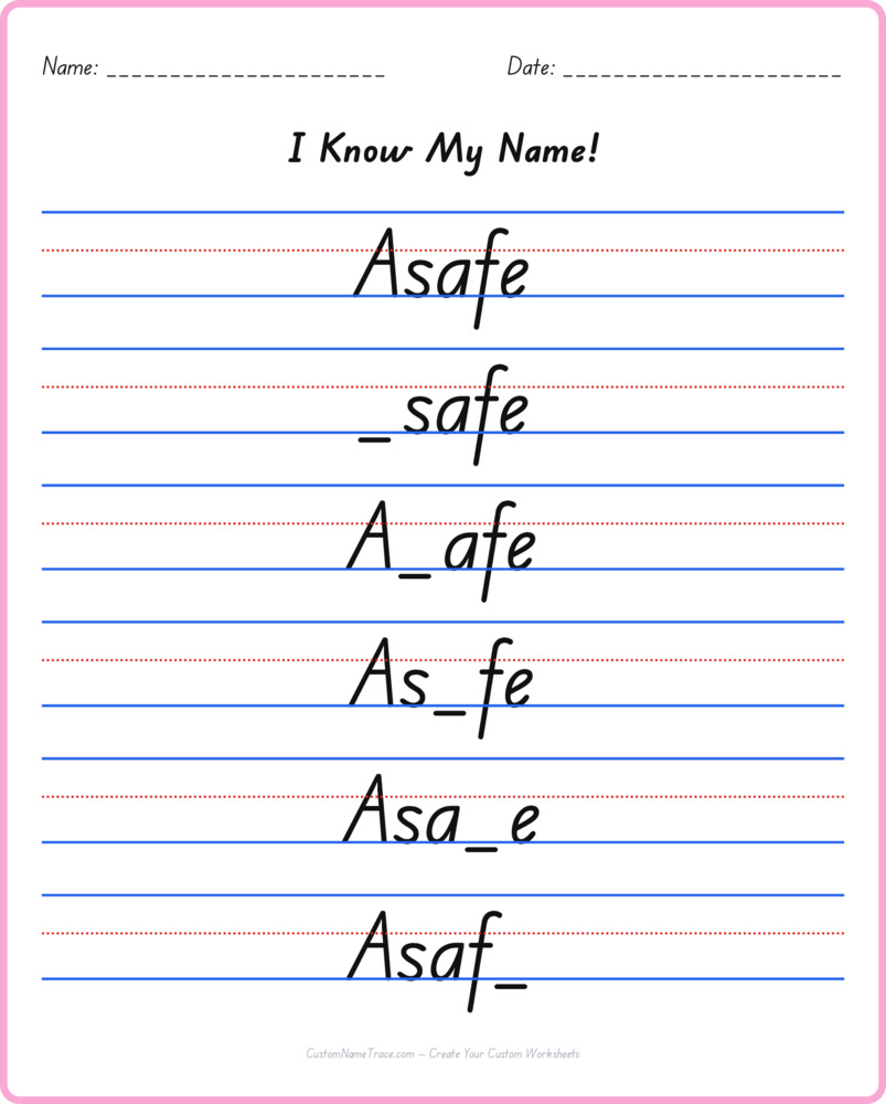 Free Asafe custom name tracing - fill-in-the-blank free worksheet