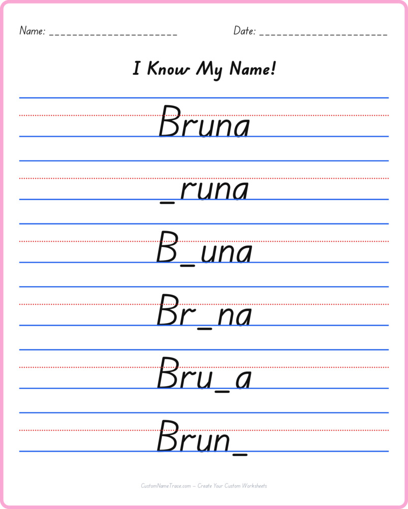 Free Bruna custom name tracing - fill-in-the-blank free worksheet