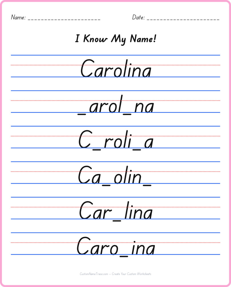 Free Carolina custom name tracing - fill-in-the-blank free worksheet