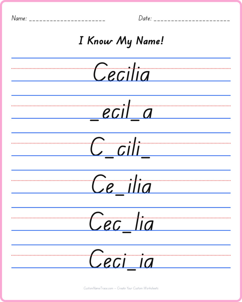 Free Cecilia custom name tracing - fill-in-the-blank free worksheet