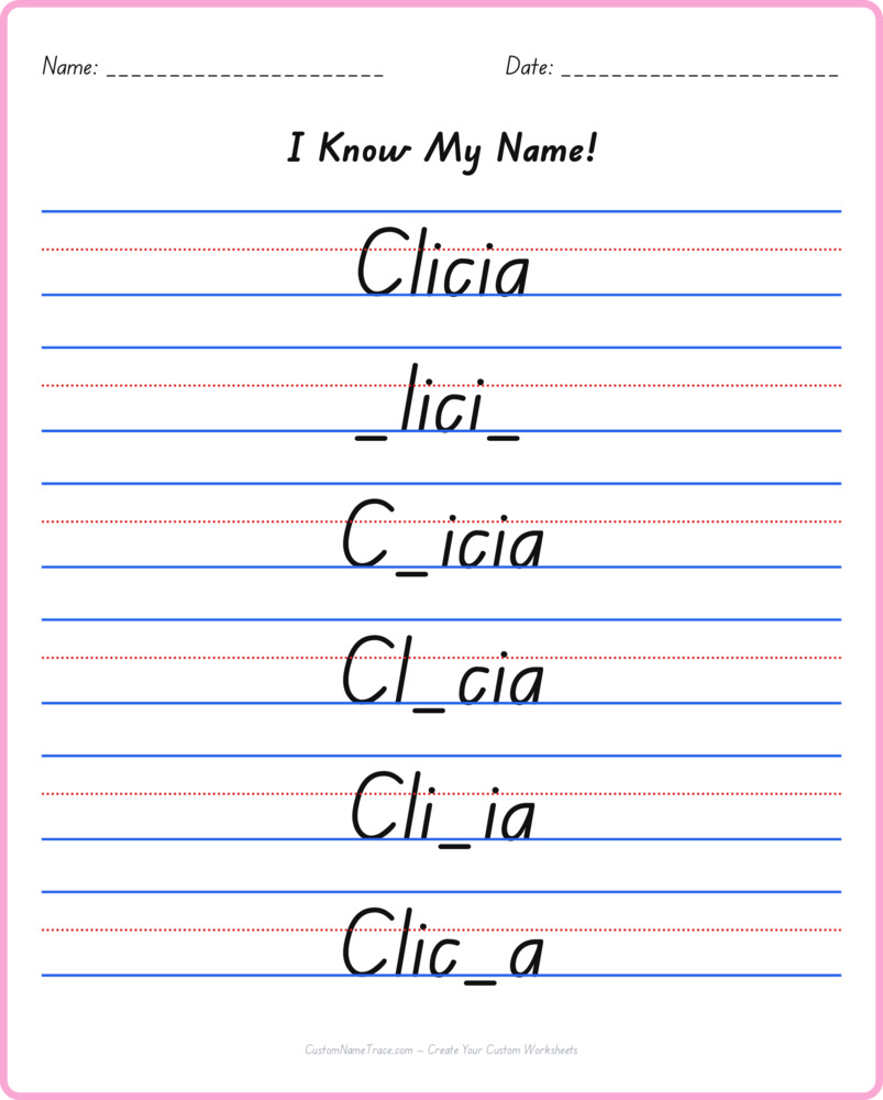 Free Clicia custom name tracing - fill-in-the-blank free worksheet