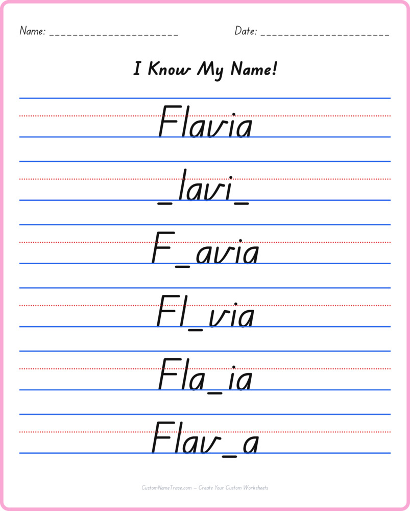 Free Flavia custom name tracing - fill-in-the-blank free worksheet