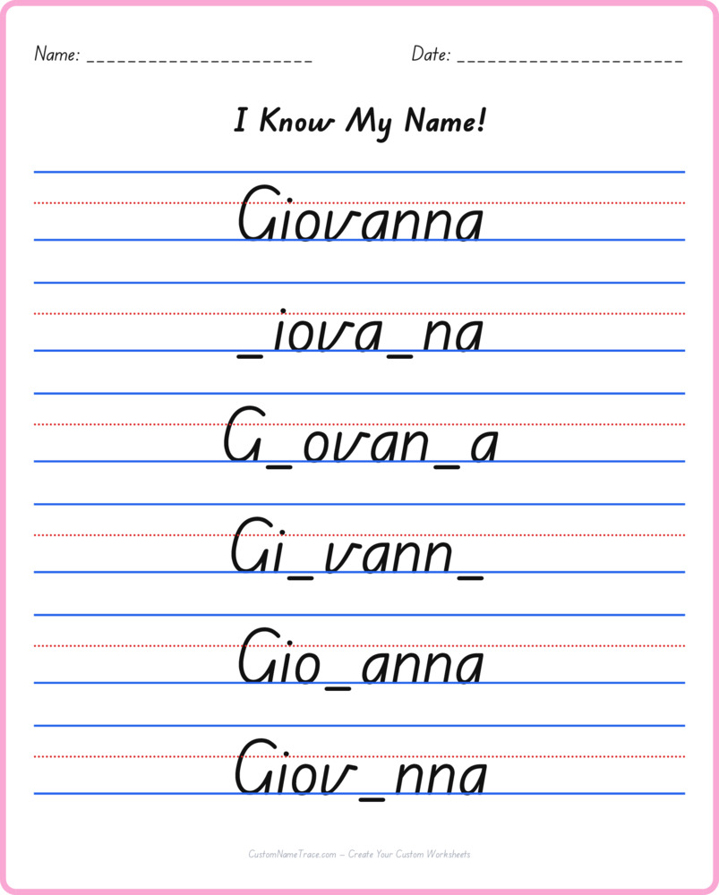 Free Giovanna custom name tracing - fill-in-the-blank free worksheet