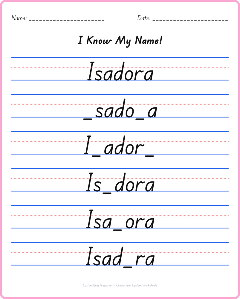 Free Isadora custom name tracing - fill-in-the-blank free worksheet