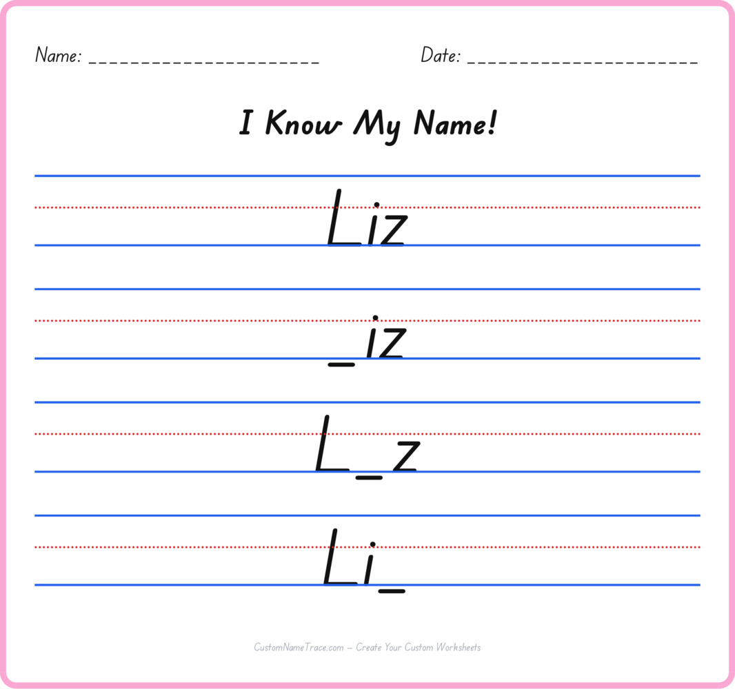 Free Liz custom name tracing - fill-in-the-blank free worksheet