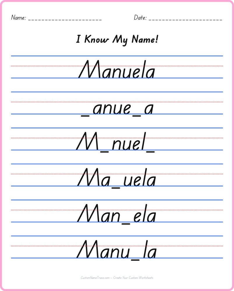 Free Manuela custom name tracing - fill-in-the-blank free worksheet