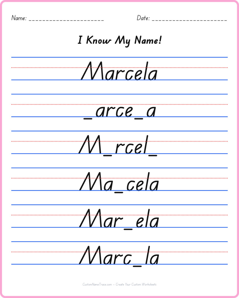 Free Marcela custom name tracing - fill-in-the-blank free worksheet