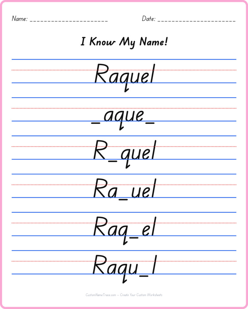 Free Raquel custom name tracing - fill-in-the-blank free worksheet