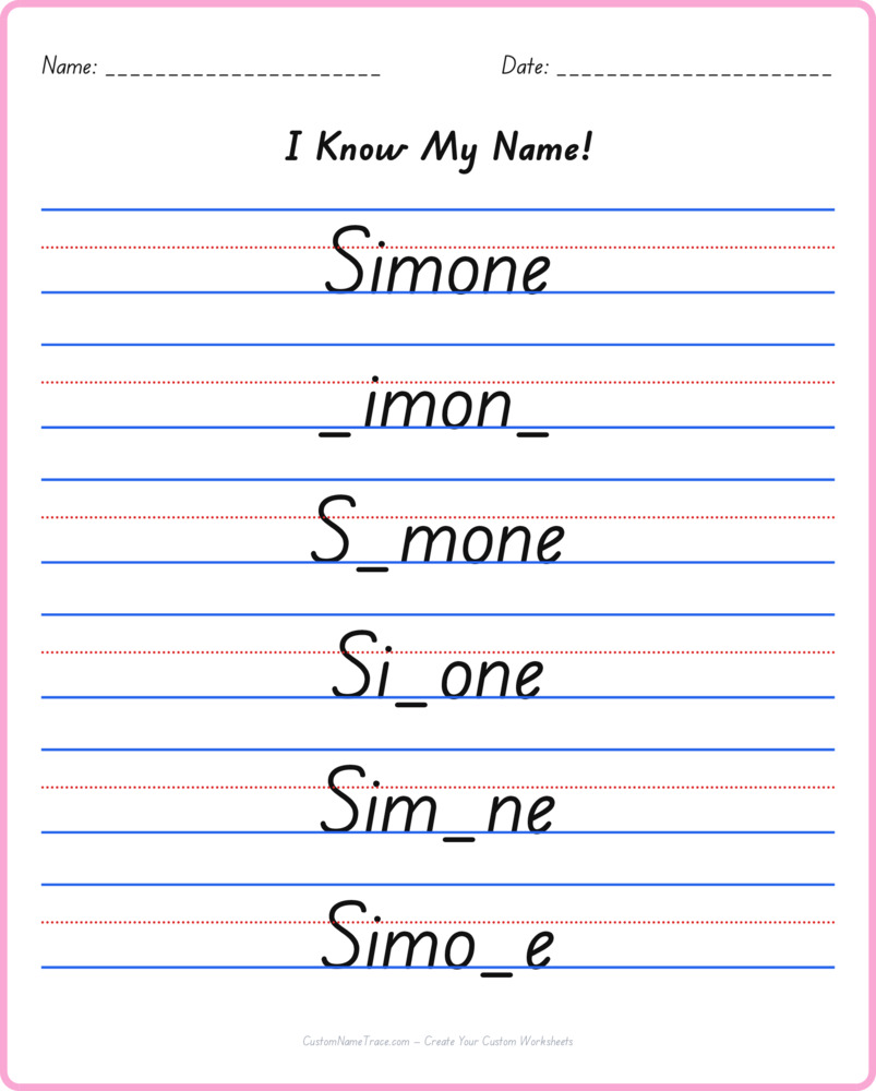 Free Simone custom name tracing - fill-in-the-blank free worksheet
