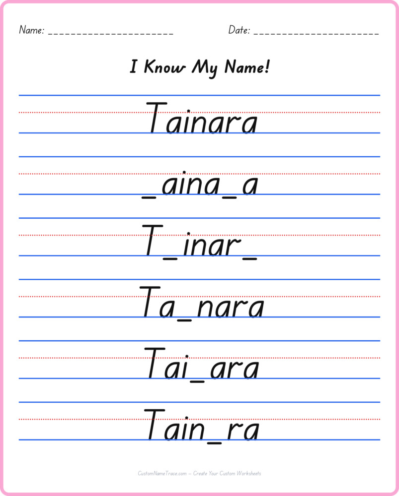 Free Tainara custom name tracing - fill-in-the-blank free worksheet