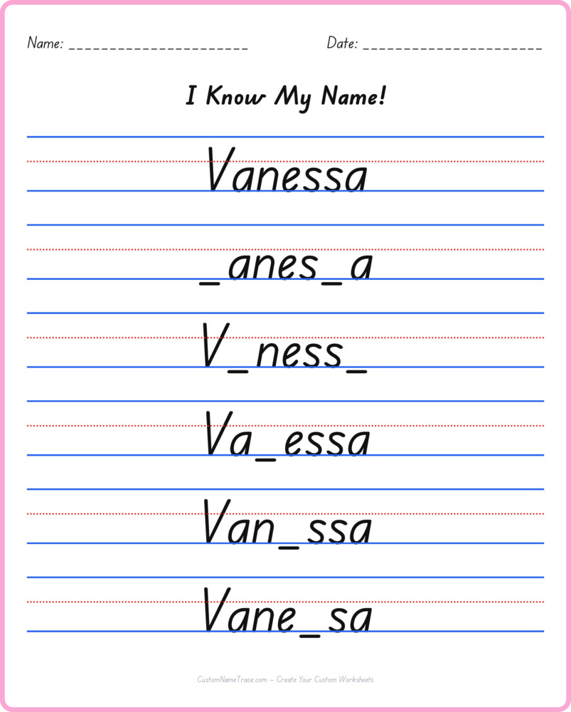 Free Vanessa custom name tracing - fill-in-the-blank free worksheet