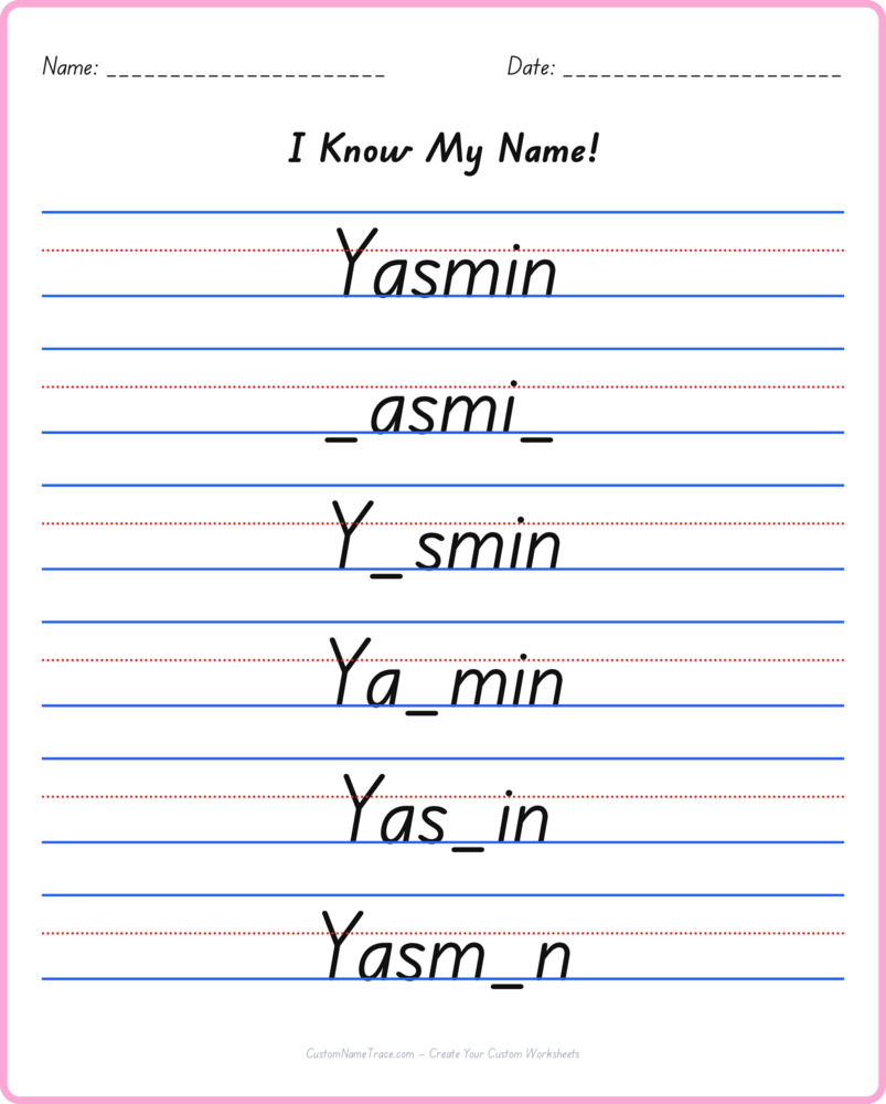 Free Yasmin custom name tracing - fill-in-the-blank free worksheet