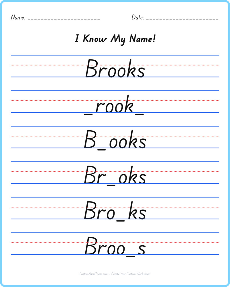 Free Brooks custom name tracing - fill-in-the-blank free worksheet