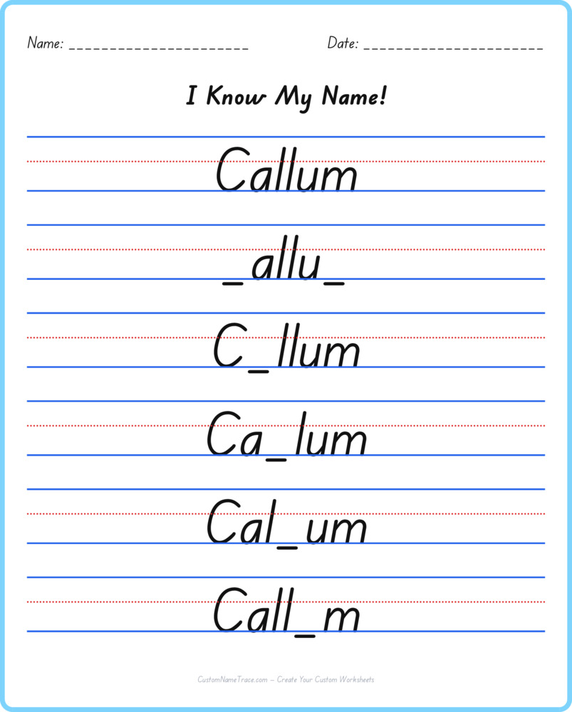 Free Callum custom name tracing - fill-in-the-blank free worksheet
