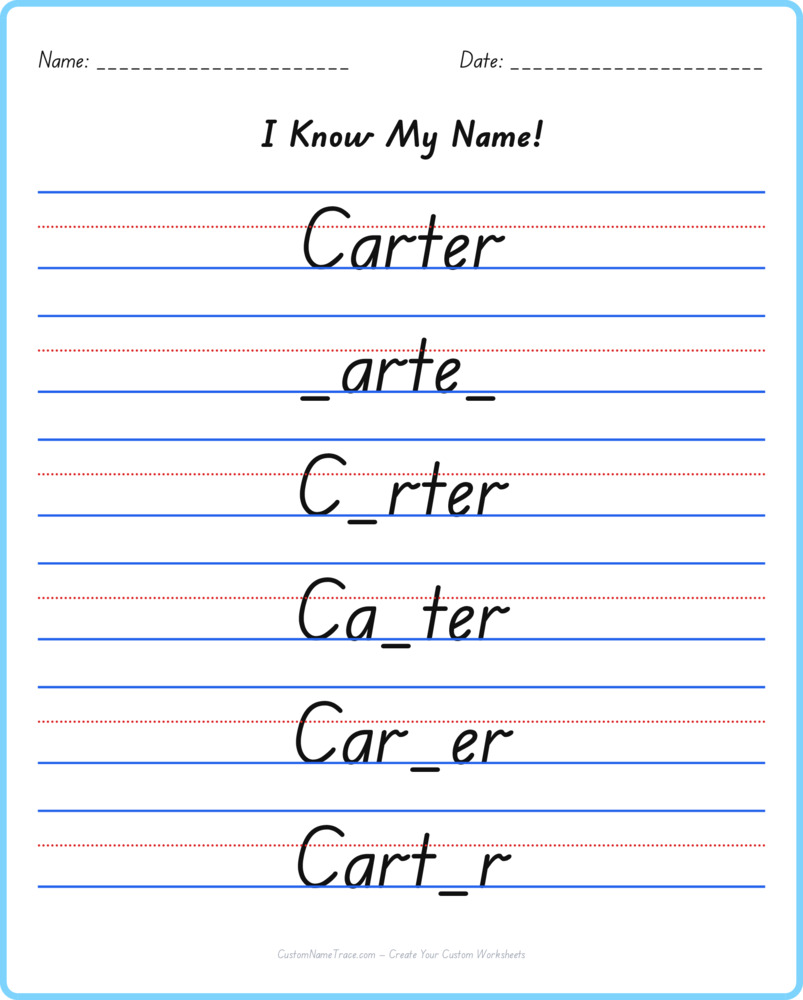 Free Carter custom name tracing - fill-in-the-blank free worksheet