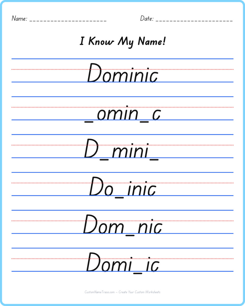 Free Dominic custom name tracing - fill-in-the-blank free worksheet