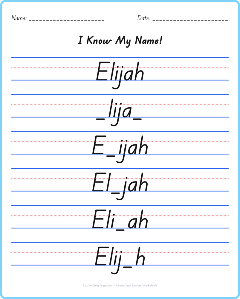 Free Elijah custom name tracing - fill-in-the-blank free worksheet