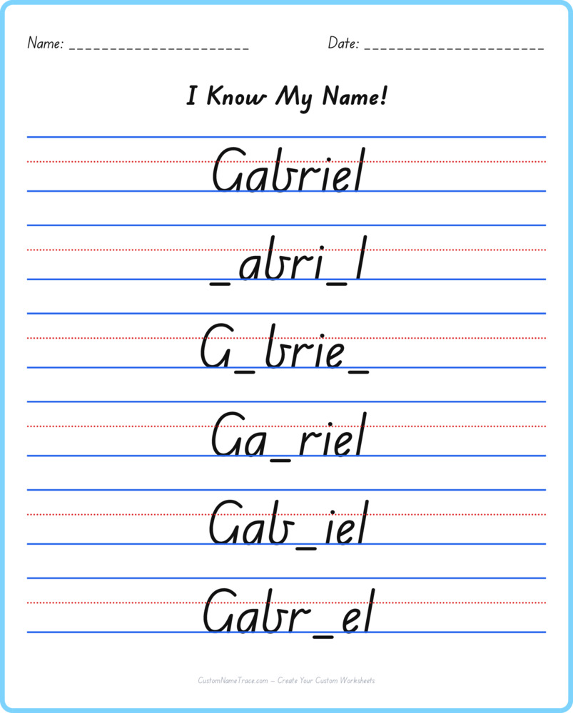Free Gabriel custom name tracing - fill-in-the-blank free worksheet