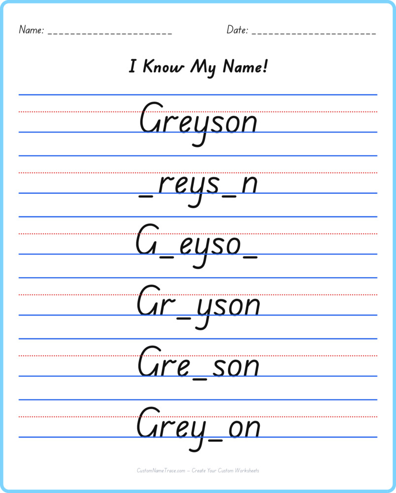Free Greyson custom name tracing - fill-in-the-blank free worksheet