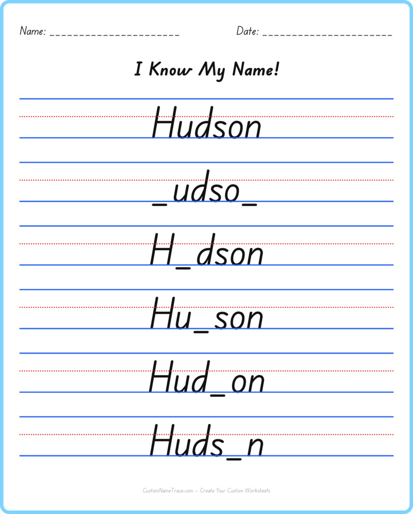 Free Hudson custom name tracing - fill-in-the-blank free worksheet