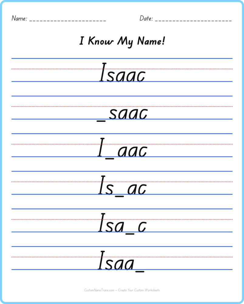 Free Isaac custom name tracing - fill-in-the-blank free worksheet