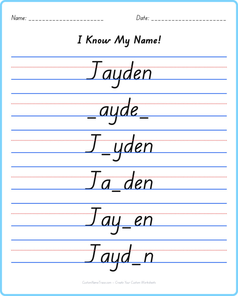 Free Jayden custom name tracing - fill-in-the-blank free worksheet