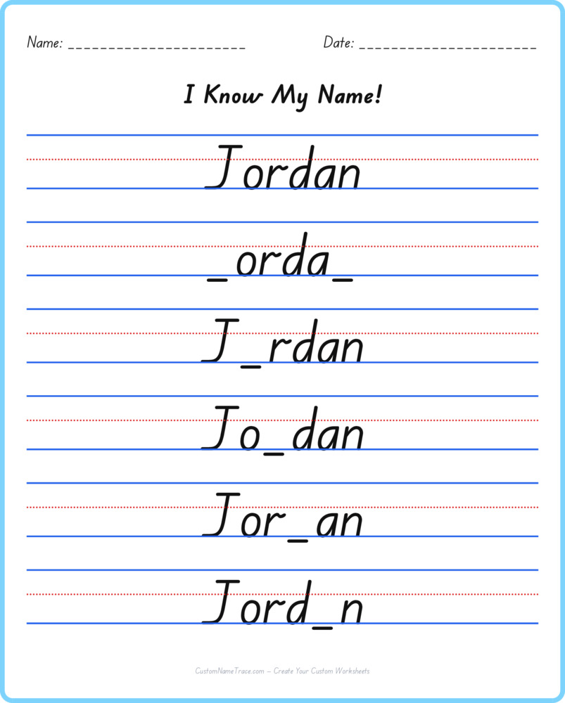 Free Jordan custom name tracing - fill-in-the-blank free worksheet