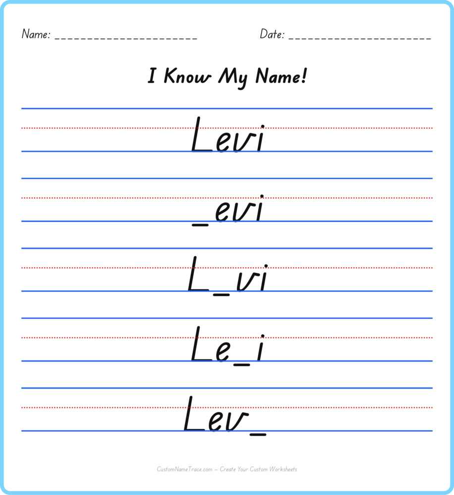Free Levi custom name tracing - fill-in-the-blank free worksheet