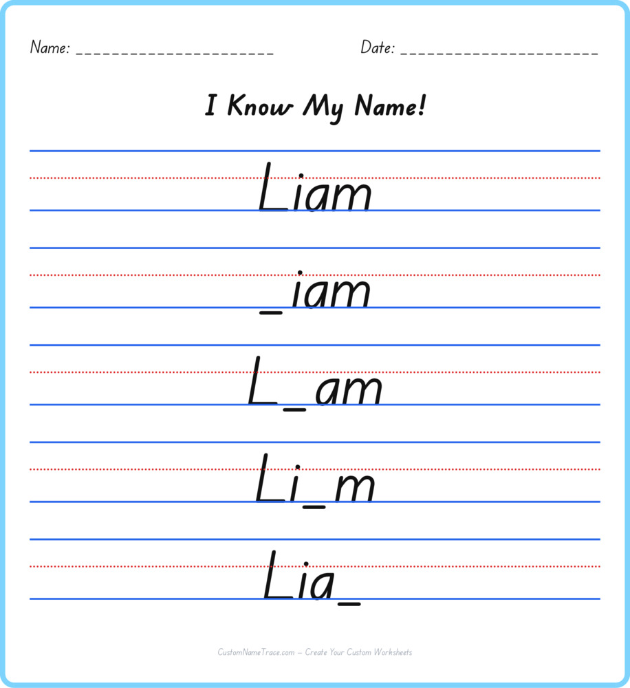 Free Liam custom name tracing - fill-in-the-blank free worksheet